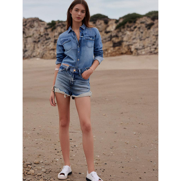 Topshop Pants - Topshop Moto-Wmns Rosa Shorts-Denim Med Wash-Cuffed Raw Hem Distressed-US 2/UK 6